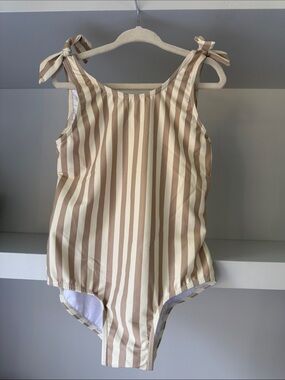 Rylee & Cru Striped Tie-Shoulder One-Piece Swimsuit - Cream & Tan